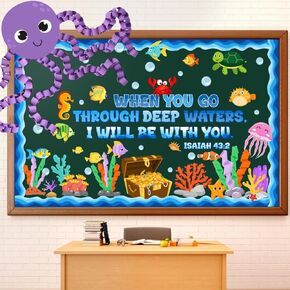 253 Pcs Under The Sea Bulletin Board 3D Sea Animals Classroom Decorations Ocean Bulletin Board Borders DIY Octopus Christian Bible Verse Cutouts for Sunday School Summer Classroom Supplies