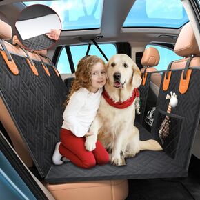 Dog Rear Seat Extender, 100% Waterproof Hard Bottom Dog Car Seat Cover, Seat Extender with Mesh Window and Storage Pockets, Trucks, SUVs Cars, Travel Beds