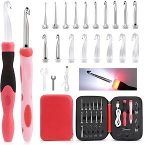 AIYUNDI 18 Sizes Lighted Crochet Hook Set, Interchangeable Heads (2.0–14mm), Rechargeable Ergonomic Grip for Arthritic Hands, Gifts for Women & Beginners