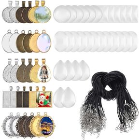 Telooco Pendant Trays Kit 90Pcs Bulk Bezel Pendant Trays with Glass Cabochons and Necklaces Cords for Jewelry Making DIY Necklaces Findings Blanks Resin Bezels