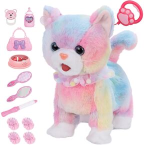 Plush Toy Cat for Kids, Interactive Electronic Pets Toys with Remote Control Leash, Walking, Tongue Out, Catcall & Wagging Tail, Includes Cat Accessories (Coloured)