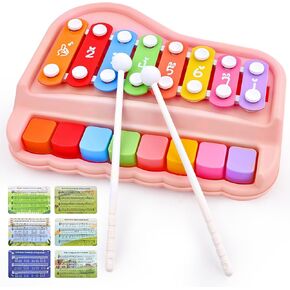Baby Piano Xylophone Toy for Toddlers Age 1-3, 2-in-1 Montessori Musical Toy with 8 Colorful Keys Pink, Educational Gift for 1+ Year Old Girls, Safe Music Toy for Early Learning