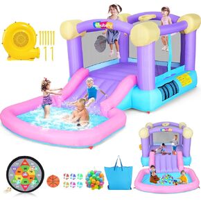 Inflatable Bounce House Water Slide for Kids Backyard with Ball Pit - Toddler Water Bounce House Jump 'n Slide Park for Indoor Outdoor Wet Dry - With Blower, 50 Ocean Balls, 6 Sticky Balls, Basketball