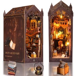DIY Book Nook Kit, Miniature Dollhouse Booknook Kit with Light, 3D Wooden Puzzle Bookend Bookshelf Decor for Adults, Library