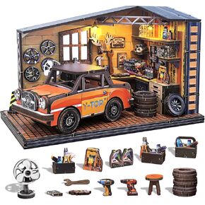 Book Nook Kit, DIY Miniature Dollhouse Booknook Kit for Adults and Teens, 3D Wooden Puzzle Bookshelf Crafts Kits with LED Light for Family and Friends (Car Depot)