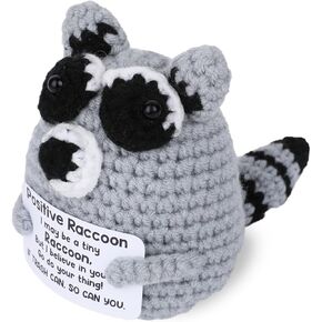 Tiny Positive Raccoon, Easy Crochet Kit for Beginners Raccoon Plush Gifts Stuffed Animal Decor for Women, Mini Beginner Crochet Animal Kit, Encouraging Birthday Gifts for Friends Colleague Doll Lovers