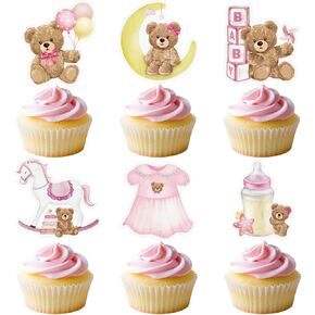 36pcs Bear Cupcake Toppers Baby Shower Boy Blue Bear Baby Shower Decorations We Can Bearly Wait Cupcake Toppers (Blue)