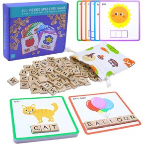 Spelling Games with 30 Double-Sided Flash Cards, 100Pcs Wooden Letters Sight Words Matching Game, Alphabet ABC Learning Educational Toys for Kids Ages 4-8