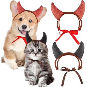 2Pcs Halloween Devil Horns Headband for Dogs Cats Cute Pet Costume Red Black Demon Horn Hat Cosplay Dress Up Hair Hoop Accessories for Kitten Puppy Halloween Holiday Party Supplies (S)