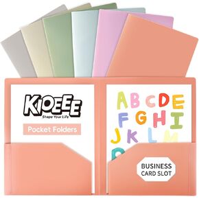 Plastic Folders with Pockets (6 Pack), Heavy Duty Plastic Folders with 2 Pocket and Business Card Slot.Fit Letter Size Paper,Cute, Pastel Color for School