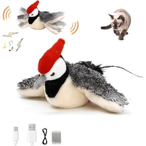 Interactive Cat Toys, Flapping Wings Woodpecker Bird Catnip, Touch Activated, Lifelike Bird Chirp, for Kicking Fluffy Plush Toys for Kitten Cat Exercise