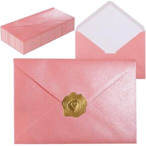 A7 مظاريف بيج ذاتية الختم ذاتية 50 قطعة - 5 × 7 بوصات (5.31 × 7.67in) Premium 120g Pearl Glitter Paper - قابلة للطباعة وقابلة للكتابة لدعوات الزفاف ، وبطاقات المعايدة - تشمل ملصقات الذهب