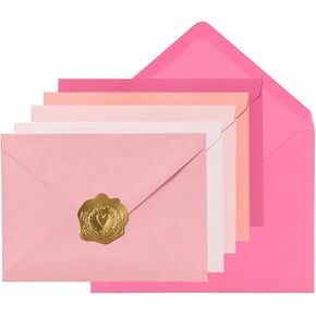 100 Pieces A7 Envelopes with Gold Stickers 5 Colors 5.24 x 7.24 Inches for Wedding Cards, Birthday, Baby Shower, Invitations (5 Pink, 5 1/4 x 7 1/4 inches)