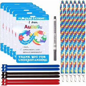 Autism Safety Tag Card with Loop Fastener Strips and Pen Autism Lanyard Autismo Accesorios Autism Awareness Stuff for Travel Communication (Pack of 3 Sets‌)