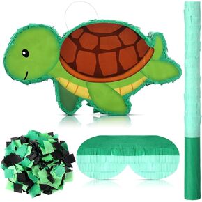 Liliful 14.17 x 8.66 x 2.95 Inches Turtle Piñata Set with Green Turtle Shape Piñata Blindfold Stick and Confetti for Birthday Party Decoration Fiesta Animal Game Props