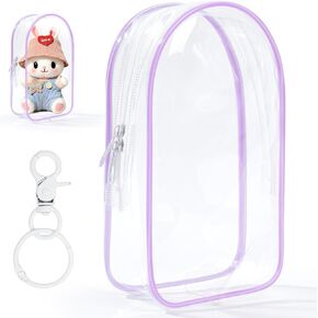 Purple Clear Figure Display Bag with Keychain for Doll, Positive Doll Storage Bag, Pouch Keychain Charms for Collectibles (with Zipper- Waterproof) Building Block Storage Bag,7.4 * 4.2 inch