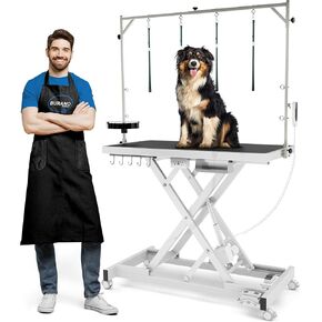 Professional Super Low-Step Electric Dog Grooming Table 49.2", Heavy Duty, Anti-Slip Tabletop, Height Adjustable Dog Table with Lockable Casters, Stainless Grooming Overhead Arm