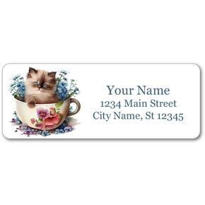 Personalized Return Address Labels - Kitten in a Teacup Design - Self Adhesive Stickers (from 60 to1020 Labels), 2-5/8 x 1 inch Labels, in 8.5 x 11 inch Sheets.