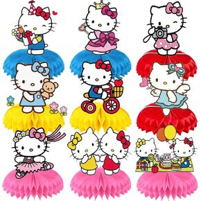 Kawaii Kitty Honeycomb Centerpieces Party Supplies for Cartoon Kitty Theme Birthday Party Decorations, 9Pcs Double Sided Anime Kitty Theme Table Decor Kitty Cat Party Favors for Fans Kids Boys