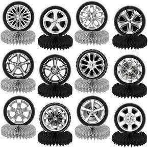 12Pcs Race Car Centerpieces for Tables, Racing Car Birthday Party Decorations Wheel Tire Centerpieces Decor, Double-Sided Tire Decorations for Car Themed Birthday Party Supplies