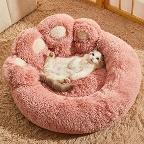 Upgraded Paw Shape Soothing Round Pet Bed, Cotton, for Indoor Cats & Small/Medium Dogs, Soft, Machine Washable (Pink, 24" L x 24" W x 7" H)