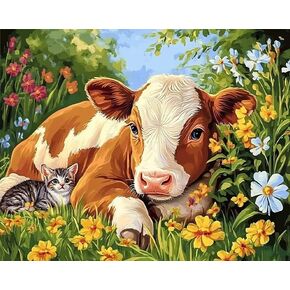 MSTingshun Red Chalet Farm Paint حسب عدد الأبقار المبتدئين للبالغين وزيت الدجاج سهلة الطلاء على Canvas Animals اللوحة المائية بأرقام أرقام بدون إطار للديكور المنزلي 16x20 بوصة in Kuwait