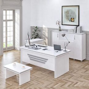 71" Wood Office Furniture Set of 4pcs | Modern Executive Desk | Credenza w/Keyboard Shelf | Large Storage Cabinet w/Chrome Handles & Legs | Coffee Table | Sturdy Home Workstation | White