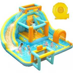 Sunseen Inflatable Water Slide for Kids,Giant Water Slide Combo w/ 2 Long Slides & Large Climbing Wall & Bounce House & Splash Pool,10-in-1 Outdoor Blow Up Water Park w/Storage Bag & 520W Blower