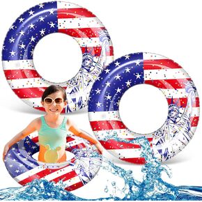 2 Pcs 4th of July Inflatable Tube Pool Float 24'' American Flag Swimming Ring Patriotic Pool Floaties USA Pool Ring Floating Lounger for Summer Independence Day Kids Adult Water Swim Pool Lake Beach