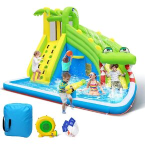 Culaluva Inflatable Water Slide: 5 in 1 Crocodile Blow up Bounce House for Kids - Splash Pool Cannon Climbing Wall Basketball Rim 480W Blower - for Backyard Outdoor Birthday Party