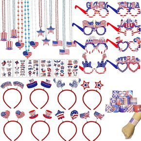 46Pcs 4th of July Party Favors Set, Patriotic Head Boppers Glasses Necklaces Temporary Tattoos Stickers Slap Bracelet Independence Day Props for Fourth of July, Independence Day, Memorial Day (46)