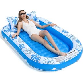 COMMOUDS Inflatable Tanning Pool Lounger Float with Cervical Pillow - Pool Floats Adult for Sunbathing, Backyard, Pool Party - Inflate Ball Pit for Babies - Kids Swimming Pool Bed