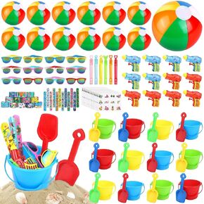 Elcoho 84 Pieces Pool Party Favors Beach Sand Toys Set Sunglasses Beach Ball Sand Bucket and Shovels Set Water Squirt Guns Bubble Wands Slap Bracelets Summer Beach Party Favors for Birthday Graduation