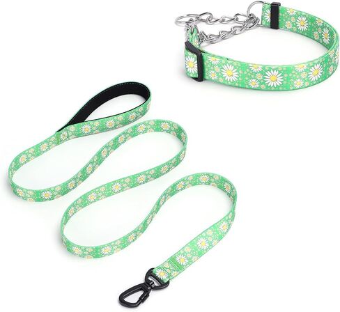Martingale Dog Collar, 5FT Dog Leash Padded, Slip Dog Collar and Leash Set with Daisy Floral Design Stainless Steel Chain Modified Cinch Collar (Green, Large) in Saudi Arabia