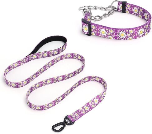 Martingale Dog Collar, 5FT Dog Leash Padded, Slip Dog Collar and Leash Set with Daisy Floral Design Stainless Steel Chain Modified Cinch Collar (Green, Large) in Saudi Arabia