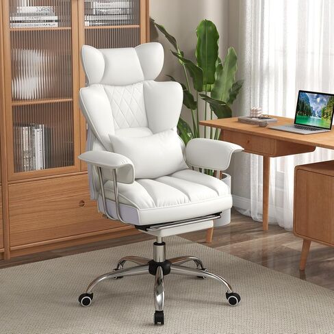 COSTWAY 400 LBS Big and Tall Office Chair, PU Leather Executive Desk Chair w/Retractable Footrest, Reclining Function, Lumbar Support, Ergonomic High Back Home Computer Task Chair, White in Saudi Arabia