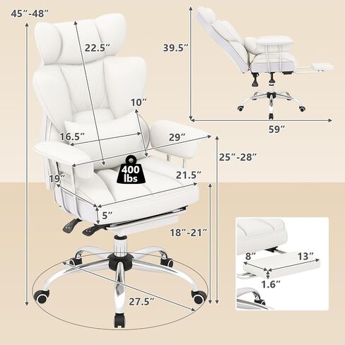 COSTWAY 400 LBS Big and Tall Office Chair, PU Leather Executive Desk Chair w/Retractable Footrest, Reclining Function, Lumbar Support, Ergonomic High Back Home Computer Task Chair, White in Saudi Arabia