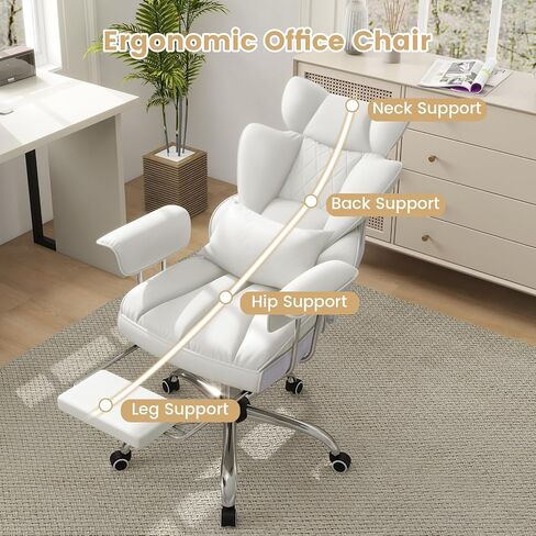 COSTWAY 400 LBS Big and Tall Office Chair, PU Leather Executive Desk Chair w/Retractable Footrest, Reclining Function, Lumbar Support, Ergonomic High Back Home Computer Task Chair, White in Saudi Arabia