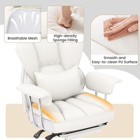 COSTWAY 400 LBS Big and Tall Office Chair, PU Leather Executive Desk Chair w/Retractable Footrest, Reclining Function, Lumbar Support, Ergonomic High Back Home Computer Task Chair, White in Saudi Arabia