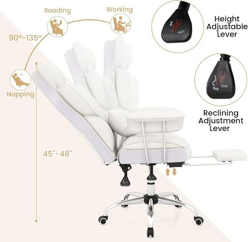 COSTWAY 400 LBS Big and Tall Office Chair, PU Leather Executive Desk Chair w/Retractable Footrest, Reclining Function, Lumbar Support, Ergonomic High Back Home Computer Task Chair, White in Saudi Arabia