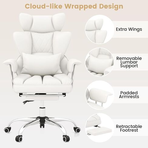 COSTWAY 400 LBS Big and Tall Office Chair, PU Leather Executive Desk Chair w/Retractable Footrest, Reclining Function, Lumbar Support, Ergonomic High Back Home Computer Task Chair, White in Saudi Arabia