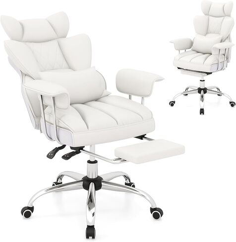 COSTWAY 400 LBS Big and Tall Office Chair, PU Leather Executive Desk Chair w/Retractable Footrest, Reclining Function, Lumbar Support, Ergonomic High Back Home Computer Task Chair, White in Saudi Arabia