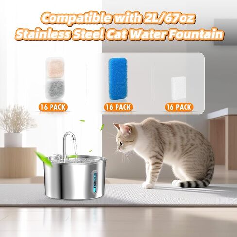 8 Sets Cat Water Fountain Filter Compatible with oneisall 67oz/2L Stainless Steel Cat Water Fountain, Activated Carbon Ion Resin Food Grade PP Cotton, Fresh and Clean in Kuwait