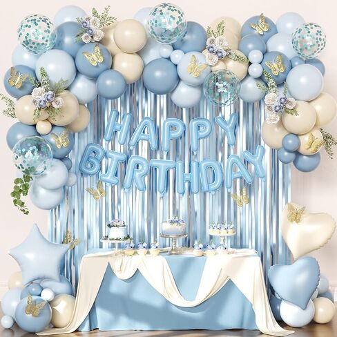 Blue Birthday Decorations, Dusty blue Sand White Confetti Foil Balloons Happy Birthday Banner Gold Butterfly Fringe Curtains, Light Blue Birthday Decorations for Boys Girls Women Men in Saudi Arabia