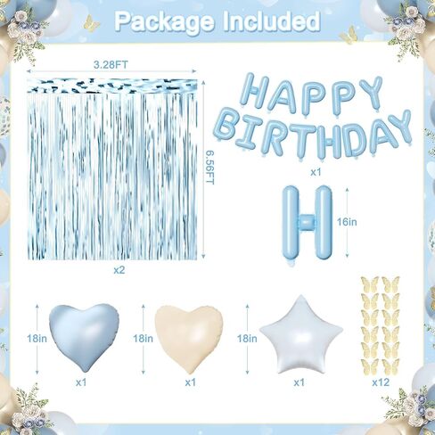Blue Birthday Decorations, Dusty blue Sand White Confetti Foil Balloons Happy Birthday Banner Gold Butterfly Fringe Curtains, Light Blue Birthday Decorations for Boys Girls Women Men in Saudi Arabia