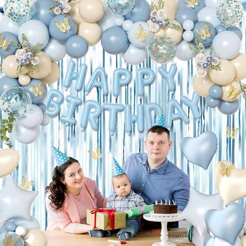 Blue Birthday Decorations, Dusty blue Sand White Confetti Foil Balloons Happy Birthday Banner Gold Butterfly Fringe Curtains, Light Blue Birthday Decorations for Boys Girls Women Men in Saudi Arabia