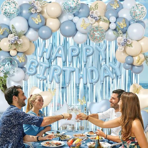 Blue Birthday Decorations, Dusty blue Sand White Confetti Foil Balloons Happy Birthday Banner Gold Butterfly Fringe Curtains, Light Blue Birthday Decorations for Boys Girls Women Men in Saudi Arabia