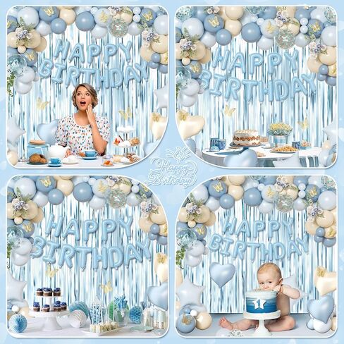 Blue Birthday Decorations, Dusty blue Sand White Confetti Foil Balloons Happy Birthday Banner Gold Butterfly Fringe Curtains, Light Blue Birthday Decorations for Boys Girls Women Men in Saudi Arabia