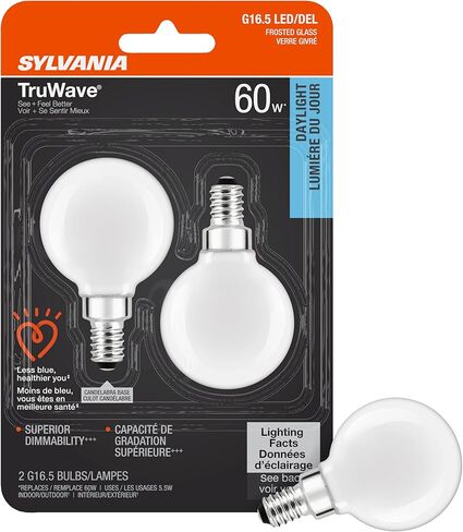 Sylvania LED TruWave Natural Series Décor G16.5 Light Bulb, 60W Equivalent Efficient 5.5W, Candelabra Base, Dimmable, Frosted, 5000K, Daylight - 2 Count (Pack of 1) (40801) Soft White in Saudi Arabia