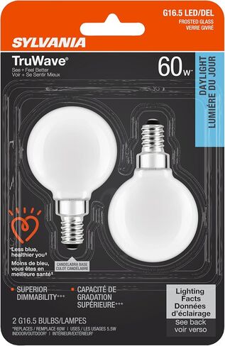 Sylvania LED TruWave Natural Series Décor G16.5 Light Bulb, 60W Equivalent Efficient 5.5W, Candelabra Base, Dimmable, Frosted, 5000K, Daylight - 2 Count (Pack of 1) (40801) Soft White in Saudi Arabia